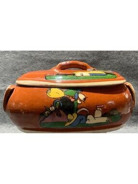 Vintage Tlaquepaque Mexico Hand Painted Folk Art Pottery Casserole Dish with Lid